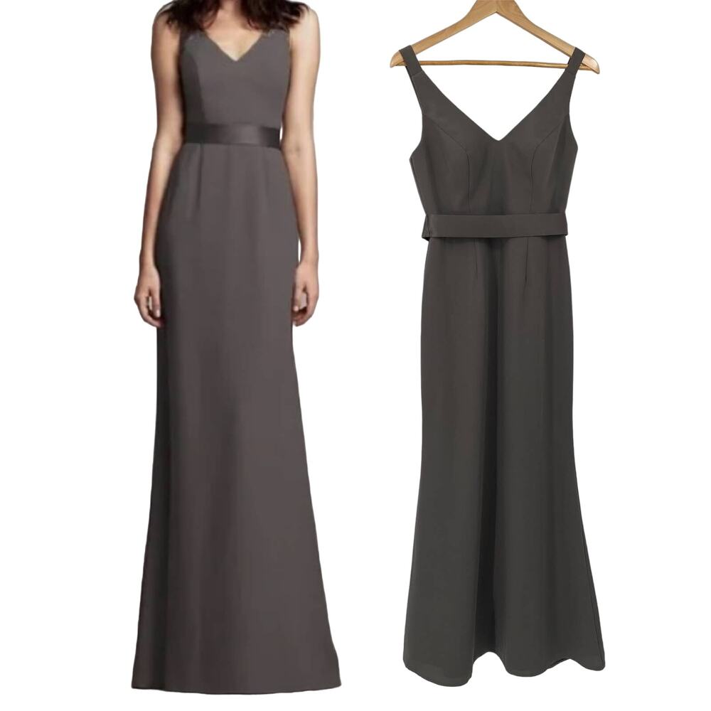 Vera Wang White Label Gown Crepe V Neck Sleeveles Open Back Belted Maxi Gray 2